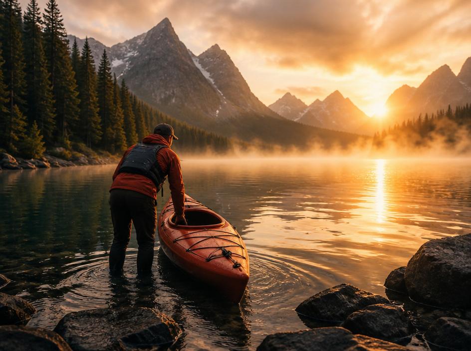 Man launching a kayak into a misty mountain lake at sunrise