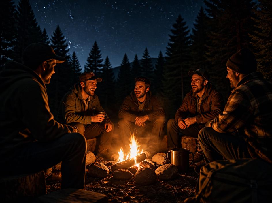 Friends gathered around a campfire at night