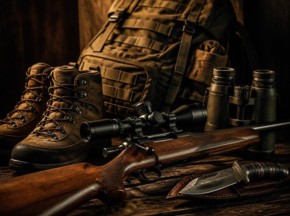 Premium outdoor gear arranged on a wooden surface